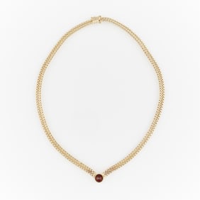 14k Gold Woven Link Necklace w/ Solitaire Garnet