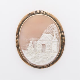 14k Gold Landscape Cameo Brooch