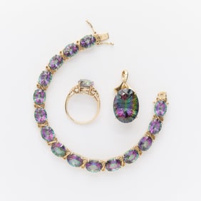 14k Gold Mystic Topaz Bracelet Pendant & Ring
