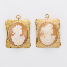 Pair 10k Gold Cameos Artemis/Diana