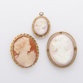 Group 3 10k Gold Cameo Brooches