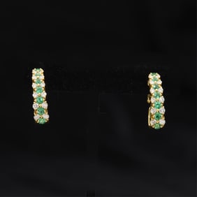 18k Yellow Gold Diamond & Emerald Hoops