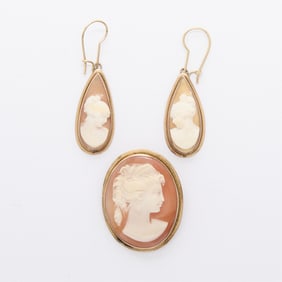 Grp 14k Cameo Earrings & Brooch