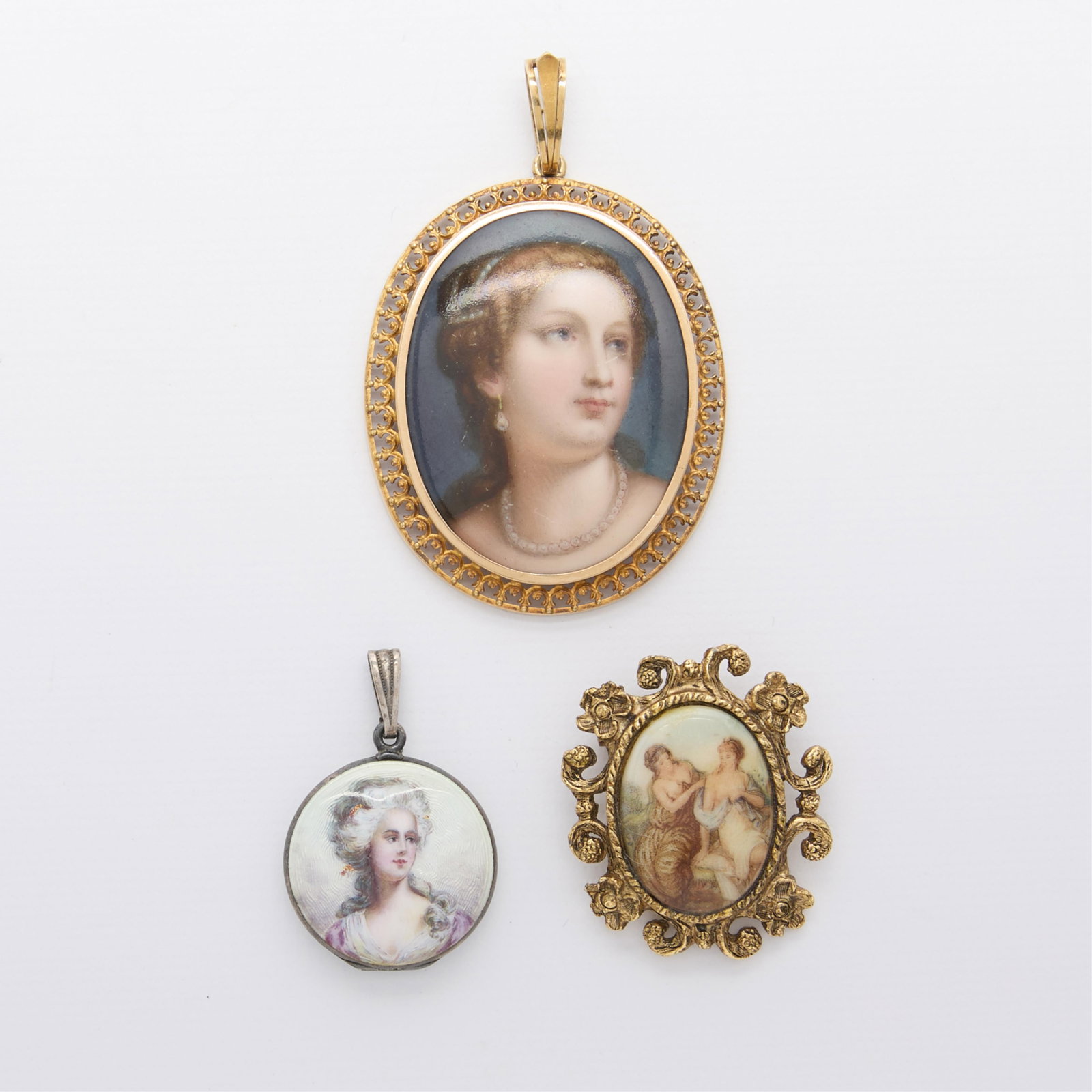 Group 3 Costume Jewelry: Group of three pieces of costume jewelry, including a pendant, locket and brooch, each set with painted or transferred scenes depicting women. Gross weight: 41.9 g.