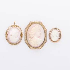 Group 3 Gold Plate Cameo Brooches