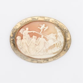 Gold Plated Brooch with Chariot Scene Cameo