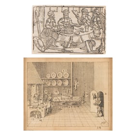 2 Small Antique Kitchen Scene Etchings
