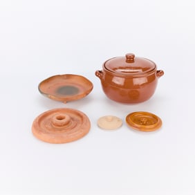 5 Antique Earthenware Ceramic Vessels & Lids