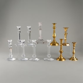 Group of 11 Candlesticks - Brass & Glass