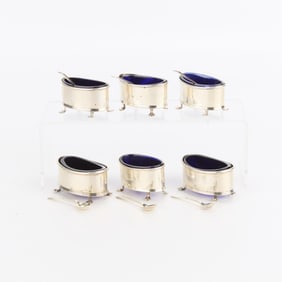 6 Cobalt & Sterling Salt Cellars w/ Spoons 375 g