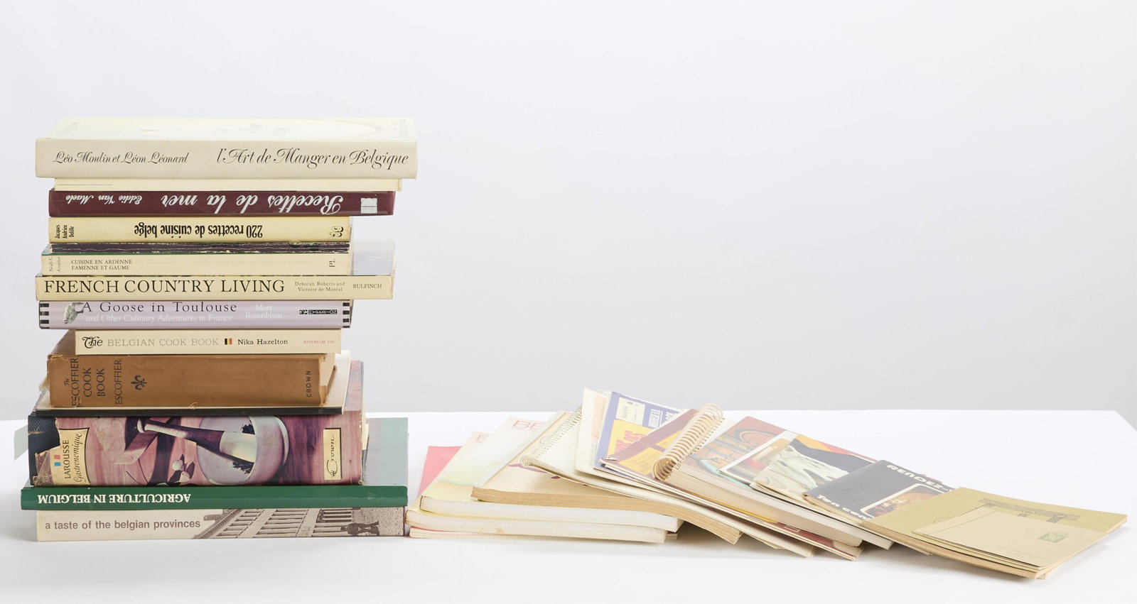Group of French and Belgian Cookbooks & Literature: Group of cookbooks and literature covering topics including French and Belgian cuisines. Provenance: From the Collection of Lynne Rossetto Kasper. (Shipping Dimensions) height: 13 in x width: 13 in x 