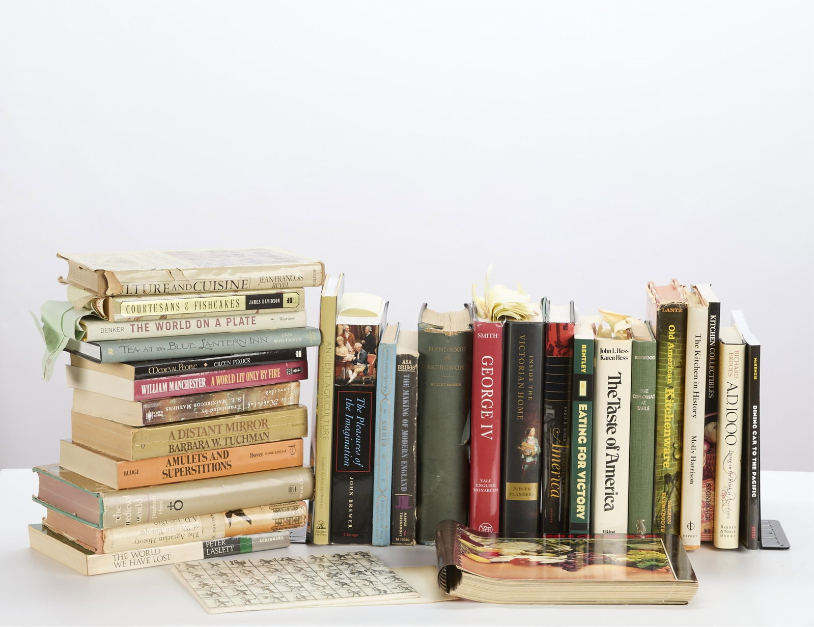 Group of Medieval & English Food History Books: Group of cookbooks and literature covering topics including medieval, British, and American food history and culture. Provenance: From the Collection of Lynne Rossetto Kasper. (Shipping Dimensions) he