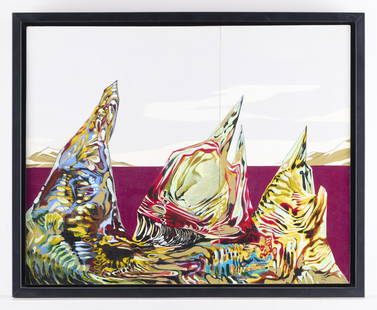 Andrea Carlson Abstract Painting: Andrea Carlson (Grand Portage Ojibwe, b. 1979). Acrylic on canvas painting depicting sharp objects on a maroon and white background rendered in sinuous abstract shapes. Unframed; height: 16 in x