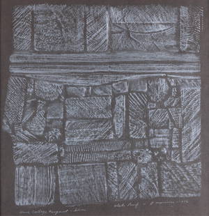 George Morrison "Woodgrain Collage" Woodcut 1976: George Morrison (Grand Portage Anishinaabe, 1919-2000). Woodgrain collage woodcut print titled "Wood Collage Fragment - Silver," 1976. Editioned "Artist Proof," signed, and dated