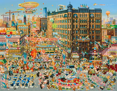 Hiro Yamagata "The Great Tap Festival" Serigraph: Hiro Yamagata (Japanese, b. 1948). Serigraph on paper print titled "The Great Tap Festival," 1980. Depicting a tap festival in Minneapolis, Minnesota. Pencil signed along the lower right; numbered