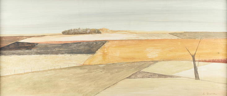 Charles Beck Landscape Painting: Charles Beck (American, 1923-2017). Oil on board landscape painting. Signed along the lower right. Beck lived and worked around Fergus Falls, Minnesota. Sight; height: 16 in x width: 38 1/2 in.