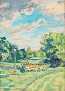 Clement Haupers Garden Oil Painting: Clement Bernard Haupers (American, 1900-1982). Oil on Masonite painting depicting an idyllic garden. Signed along the lower right. Clement Bernard Haupers was a St. Paul born American painter,