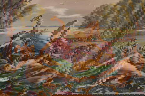 Clement Haupers Dionysus Oil Painting: Clement Bernard Haupers (American, 1900-1982). Oil on board painting depicting a mythical depiction of Dionysian delights. Signed along the lower left. Clement Bernard Haupers was a St. Paul born