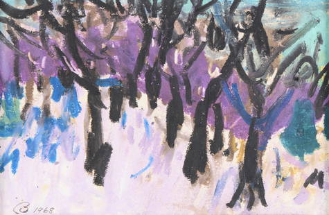 Cameron Booth Winter Landscape Drawing 1968: Cameron Booth (American, 1892-1980). Crayon or oil pastel on paper drawing depicting a wintery forest, 1968. Initialed and dated along the lower left. Additional signature on the verso with an