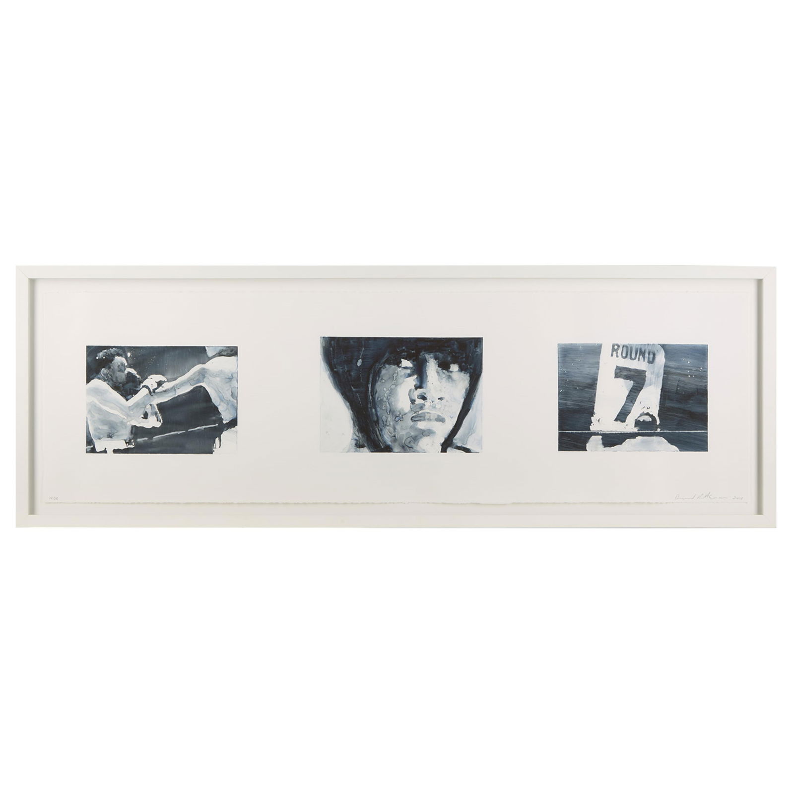 David Rathman Boxing Print 2010: David Rathman (American, b. 1958). Lithograph on paper depicting three vignettes of boxing matches, 2010. Pencil signed and dated along the lower right; numbered 14/25 along the lower left.Sight; heig