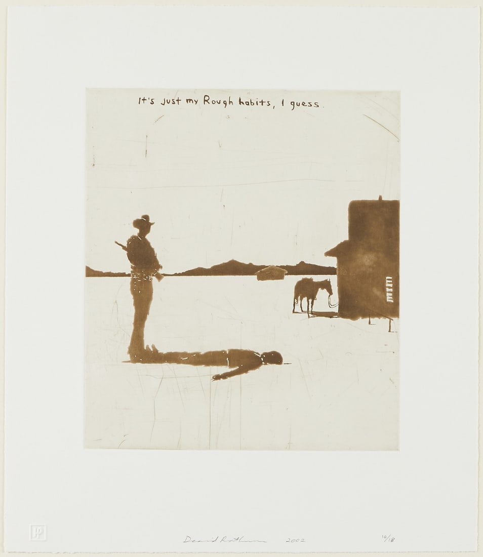 David Rathman "It's Just my Rough Habits" Print: David Rathman (American, b. 1958). Etching and aquatint on paper titled "It's Just My Rough Habits, I Guess." Pencil signed and dated 2002 along the bottom edge. Editioned 10/18 along the bo