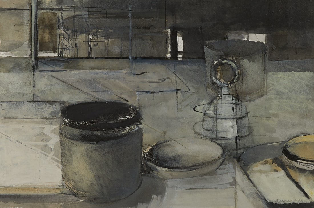 Brad Widness Still Life Mixed Media 2004: Brad Widness (American, 20th/21st c). Mixed media work titled "Bell, Container, Ritual Place," 2004. Signed, dated, and titled along the verso. Brad Widness was born in Sioux Falls, South Da