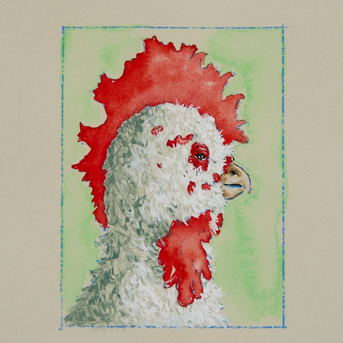 Doug Argue Chicken Head Painting 2003: Doug Argue (American, b. 1962). Watercolor on paper painting depicting the head of a chicken, 2003. Signed and dated along the verso. Sight; height: 10 in x width: 8 in. Framed; height: 15 3/4 in x wi