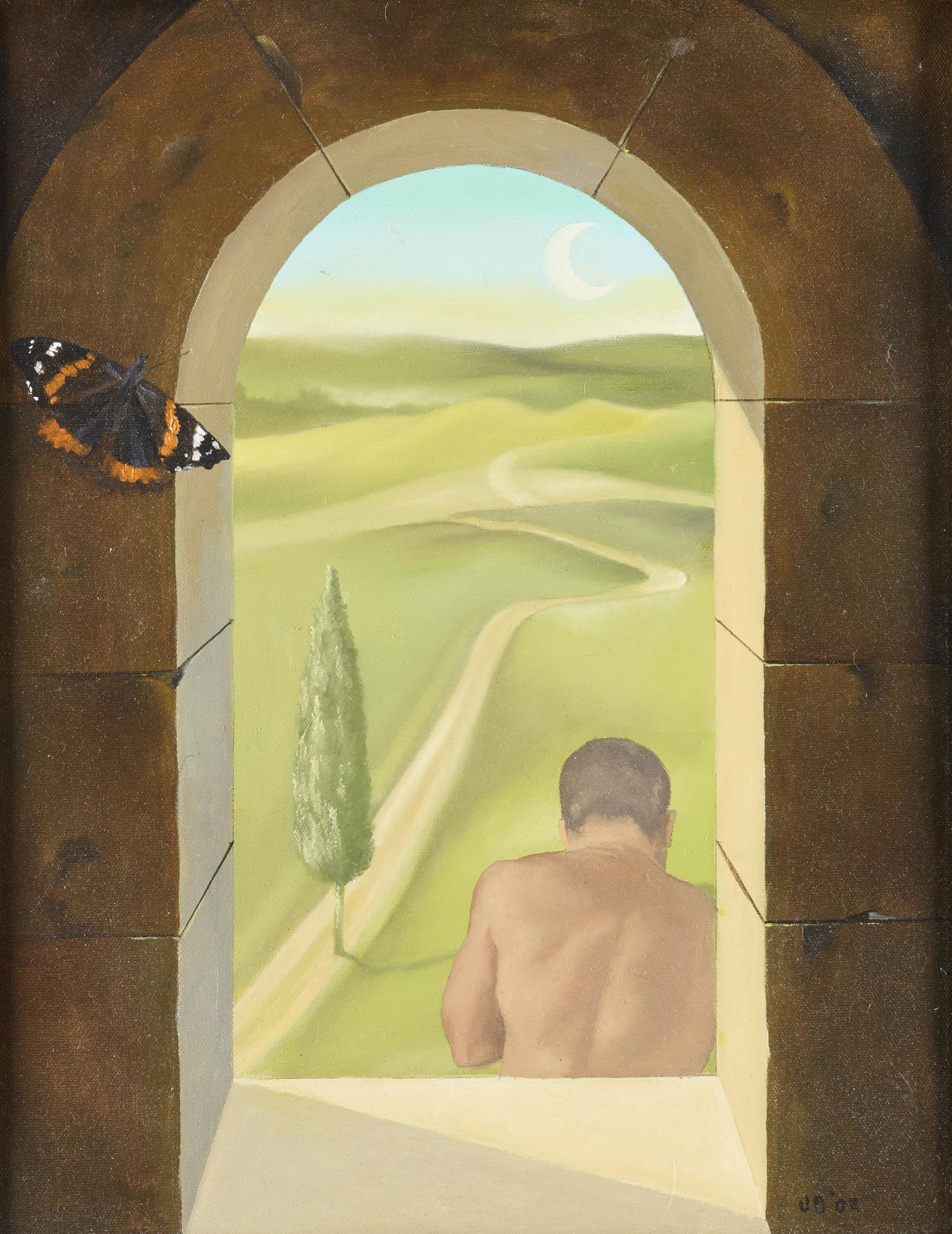 Jack Barkla “Guardian?? Painting: Jack Barkla (American, 20th/21st c). Oil on canvas painting titled "Guardian." Depicting a butterfly in an arched window with a nude male overlooking a landscape. Titled along the verso.Unfr
