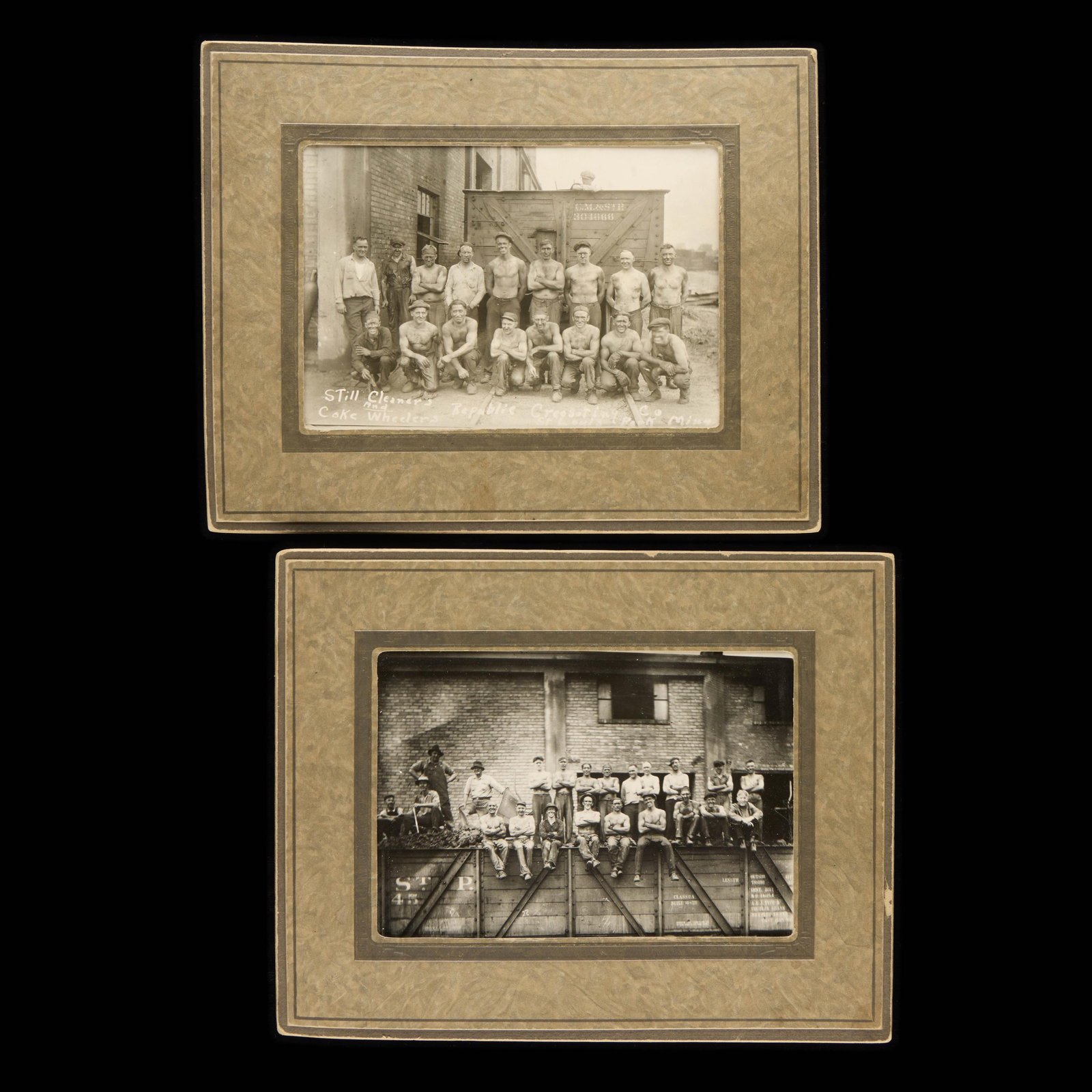 2 Minnesota Creosoting Plant Worker Photos: Group of two antique photographs depicting workers at the Republic Creosoting Company in St. Louis Park, Minnesota. One captioned in negative: "Still Cleaners and Coke Wheelers, Republic Creosoti