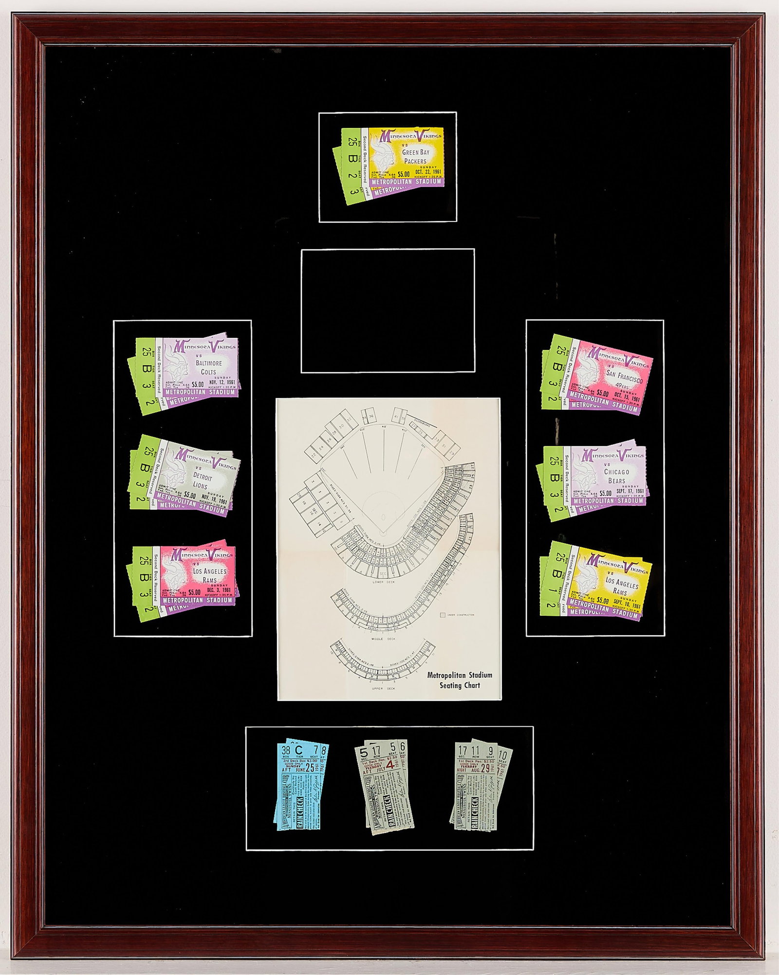 Grp Inaugural 1961 Tickets MN Vikings & Twins: Group of framed inaugural season tickets for the Minnesota Vikings and Minnesota Twins. These tickets were purchased and the games were attended by the consignor and their father. Including the follow