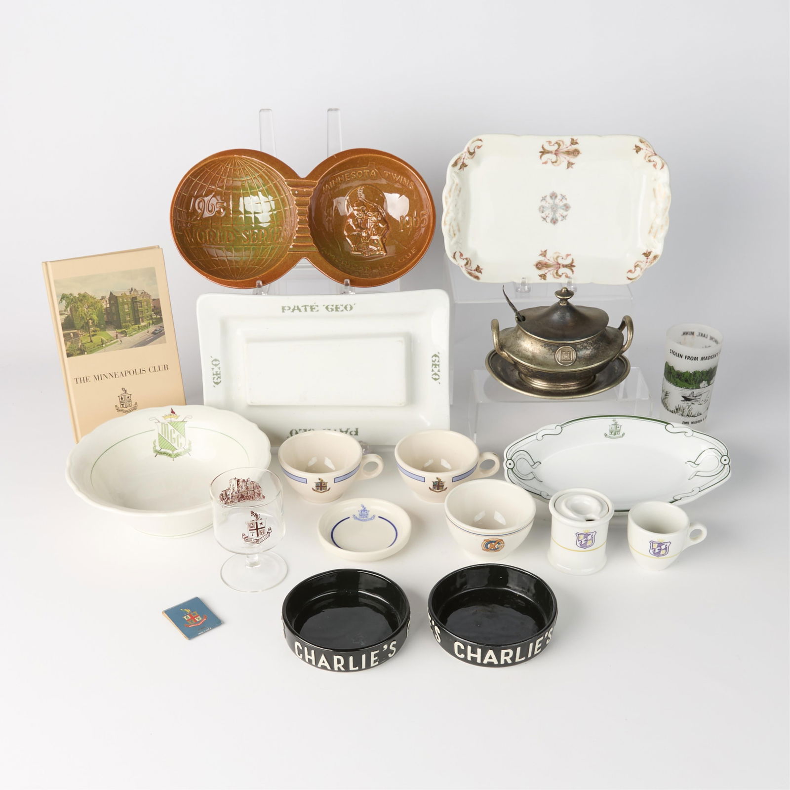16 Pcs Minnesota Dishware & More: Large group of dishware or silverplate from various iconic Minnesota restaurants and locations including, among others:The Minneapolis Club, Minneapolis.The Kitchi Gammi Club, Duluth.Charlie's, Minnea