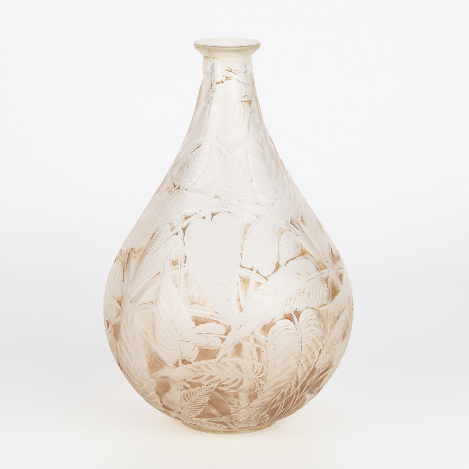 Rene Lalique "Sauge" Glass Vase - Drilled: Lalique, France. Glass "Sauge" vase with an iridescent lavender-gold patina. Of a lobed tear drop form with foliate motifs, possibly sage leaves, in relief throughout. First designed by Rene