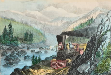 Currier & Ives "Route to California" Train Print: Currier and Ives, United States. Hand-colored lithograph titled "The Route to California: Truckee River Sierra-Nevada," 1871. Depicting a train on a railroad.Literature: Gale Research Compan