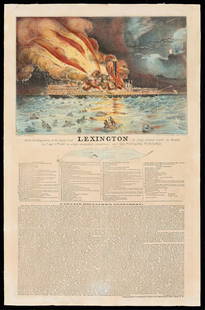 Currier & Ives "Awful Conflagration" Print: William K. Hewitt (American, 1817-1893) for Currier and Ives, United States. Hand-colored lithograph titled "The Awful Conflagration of the Steam Boat Lexington in Long Island Sound on Monday Eve