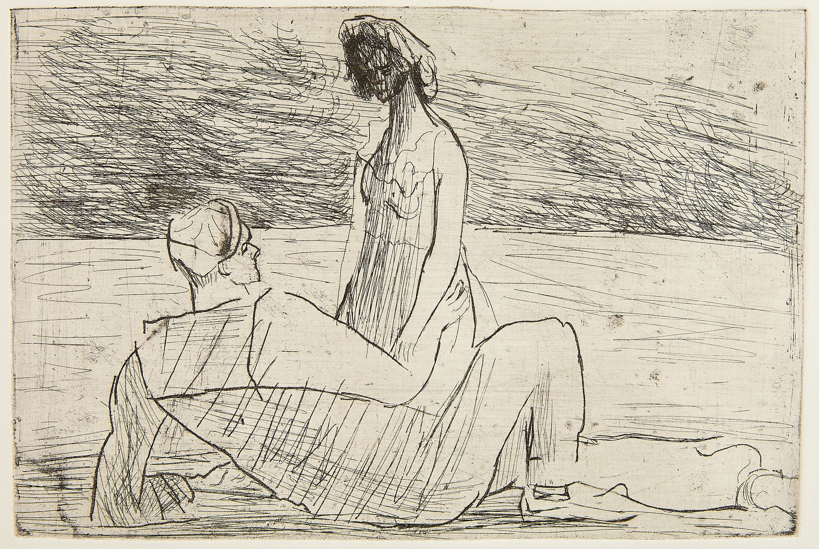 Will Barnet "The Sailor" Etching: Will Barnet (American, 1911-2012). Etching on paper titled "The Sailor," depicting a couple by the sea shore. Pencil signed along the lower right; titled along the lower left; numbered 17/25