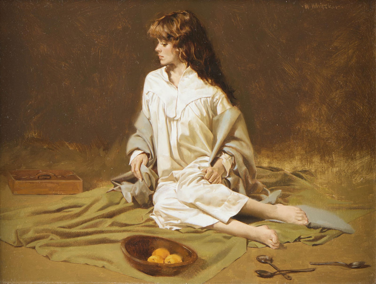 William Whitaker "Miss Mary" Oil Painting: William Whitaker (American, 1943-2018). Oil on panel titled "Miss Mary" depicting a portrait of a woman in white sitting on a green blanket with a bowl of oranges before her. Signed along th