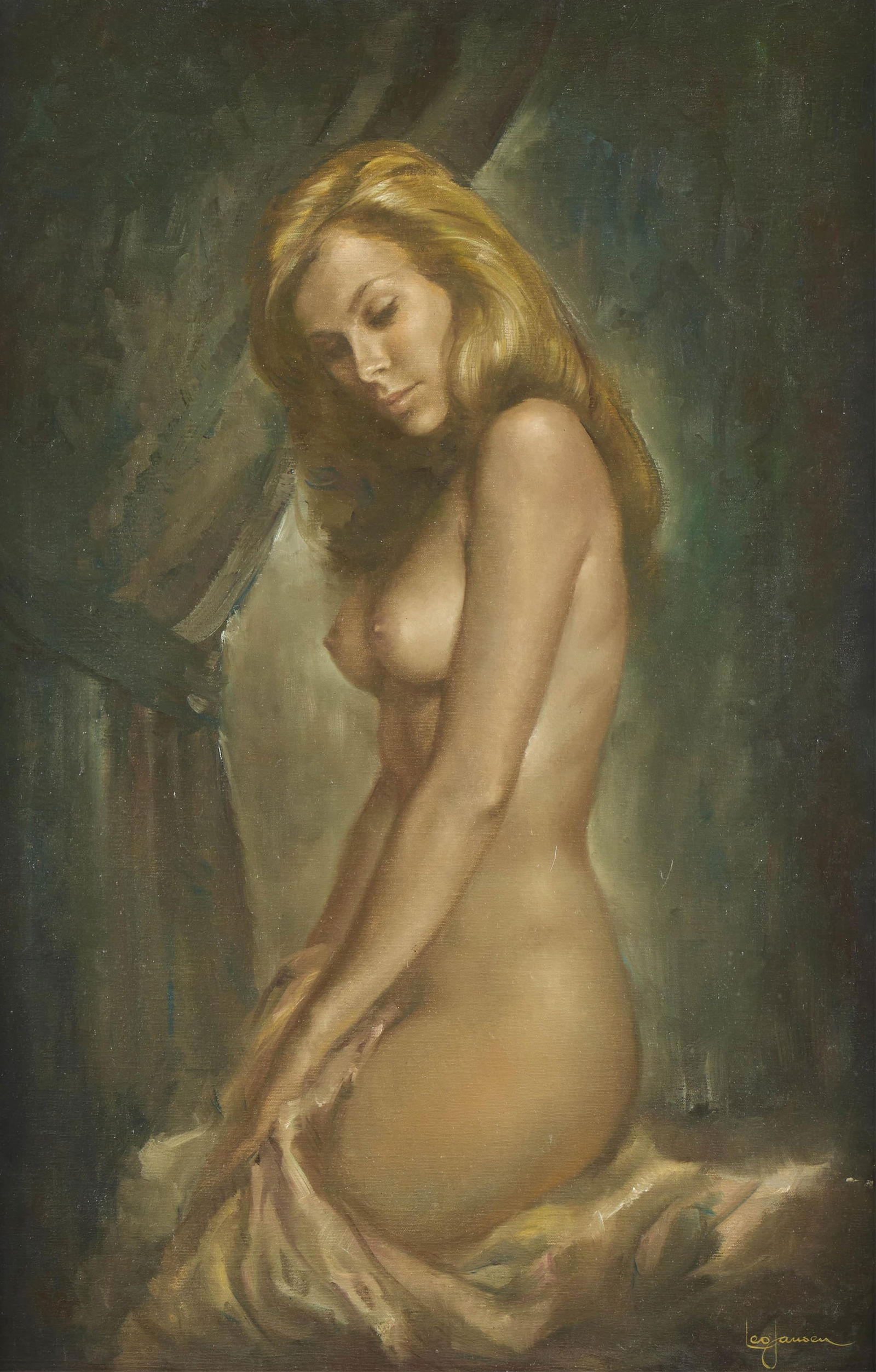 Leo Jansen Nude Portrait Painting: Leo Jansen (Dutch, 1930-1980). Oil on canvas painting depicting a nude woman. Signed along the lower right.Unframed; height: 36 in x width: 24 in. Framed; height: 48 in x width: 35 in x depth: 2 1/2 i
