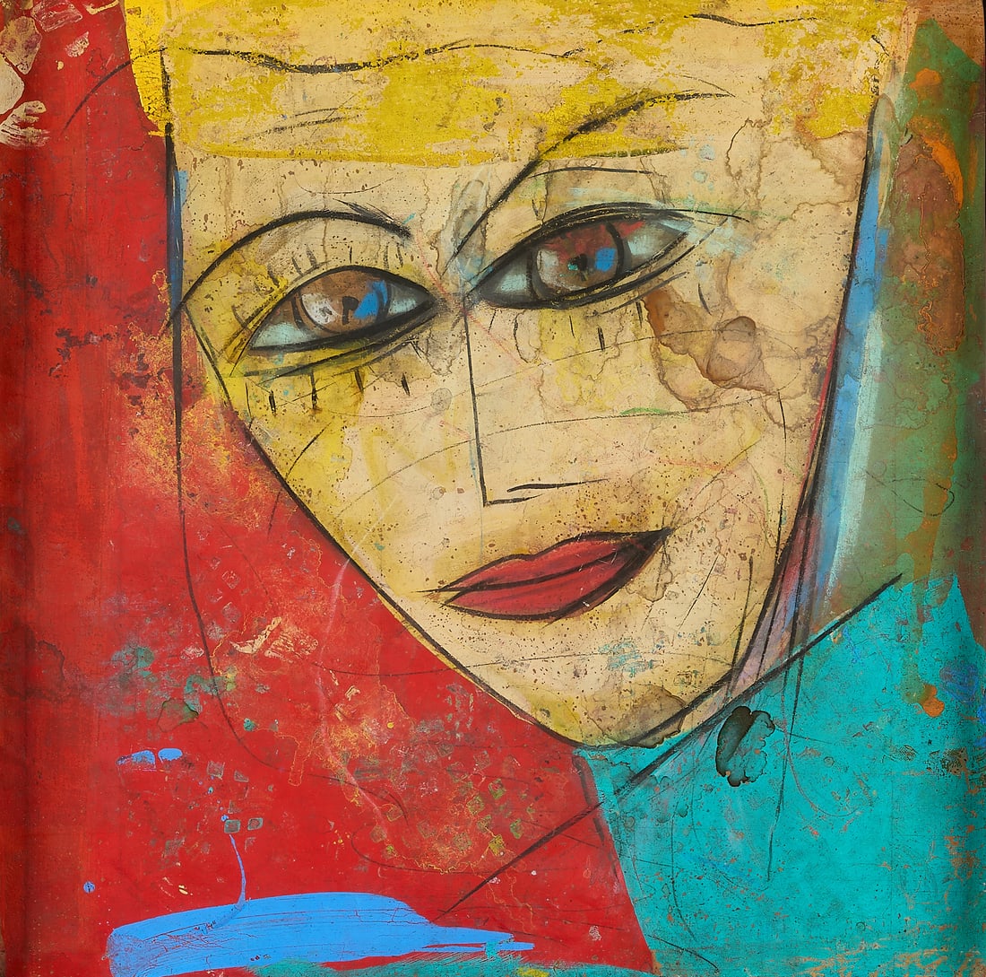 Jamali Figural Painting & Signed Book: Jamali (Pakistani/American, b. 1944). Colorful mixed media artwork depicting a face against a vibrant red background.With a book signed by the artist:"Jamali: Mystical Expressionism Dreams and Wo