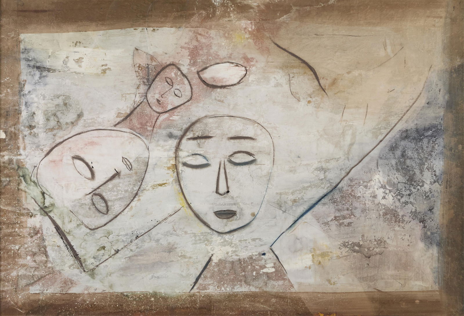 Jamali "Man & His Mask" Fresco Painting: Jamali (Pakistani/American, b. 1944). Fresco tempera artwork titled "Man and His Mask," 1995. Depicting faces against a muted background. With an "Jamali Art & Peace" label affixed