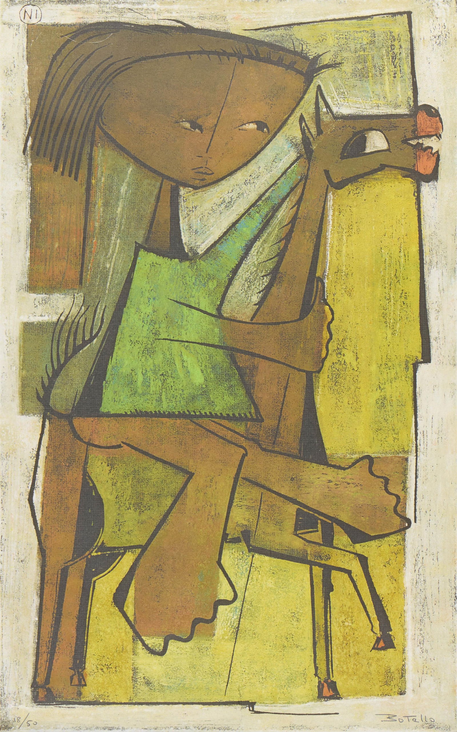 Angel Botello "Juan a Caballo" Linocut: Angel Botello y Barros (Spanish/Puerto Rican, 1913-1986). Linocut on paper titled "Juan a Caballo (Juan on Horseback)," depicting a figure riding atop a horse. Signed in plate along the lowe