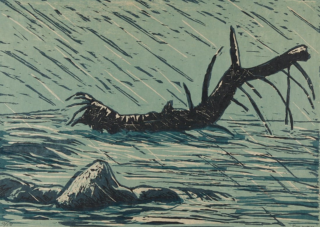 Richard Bosman "Flood" Woodcut 1988: Richard Bosman (American, b. 1944). Woodcut on paper titled "Flood" depicting a log of driftwood floating in a flood caused by a deluge of rain, 1988. Pencil signed along the lower right; ed