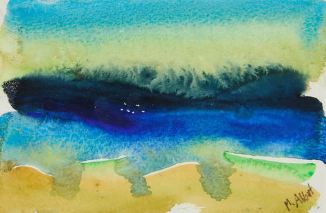 Mary Abbott "Peconic" Abstract Watercolor 1999: Mary Lee Abbott (American, 1921-2019). Abstract expressionist watercolor painting titled "Peconic," 1999. In shades of yellow and blue. Signed along the lower right; titled and dated along t