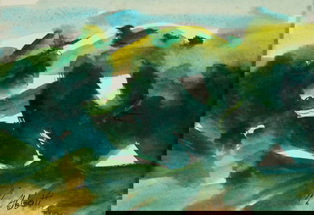 Mary Abbott Green Abstract Watercolor: Mary Lee Abbott (American, 1921-2019). Abstract expressionist watercolor painting in shades of green and blue. Signed along the lower right.Provenance: Estate of Mary Abbott.Mary Abbott was an influen