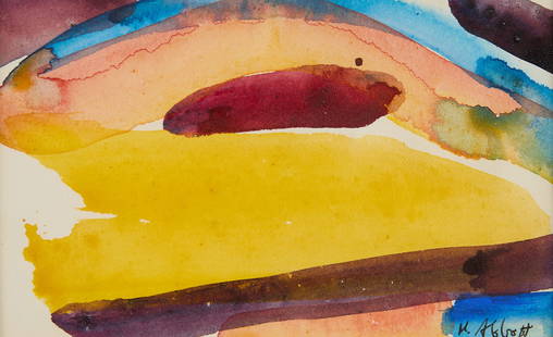 Mary Abbott Small Abstract Watercolor: Mary Lee Abbott (American, 1921-2019). Abstract expressionist watercolor painting in yellow, mauve, and blue. Signed along the lower right. Further signed along the verso.Provenance: Estate of Mary Ab