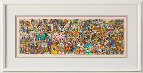 James Rizzi "When the Circus Comes" Collage: James Rizzi (American, 1950-2011). Mixed media three-dimensional collage titled "When the Circus Comes to Town," 1988. Pencil signed along the lower left; titled along the lower center; numb