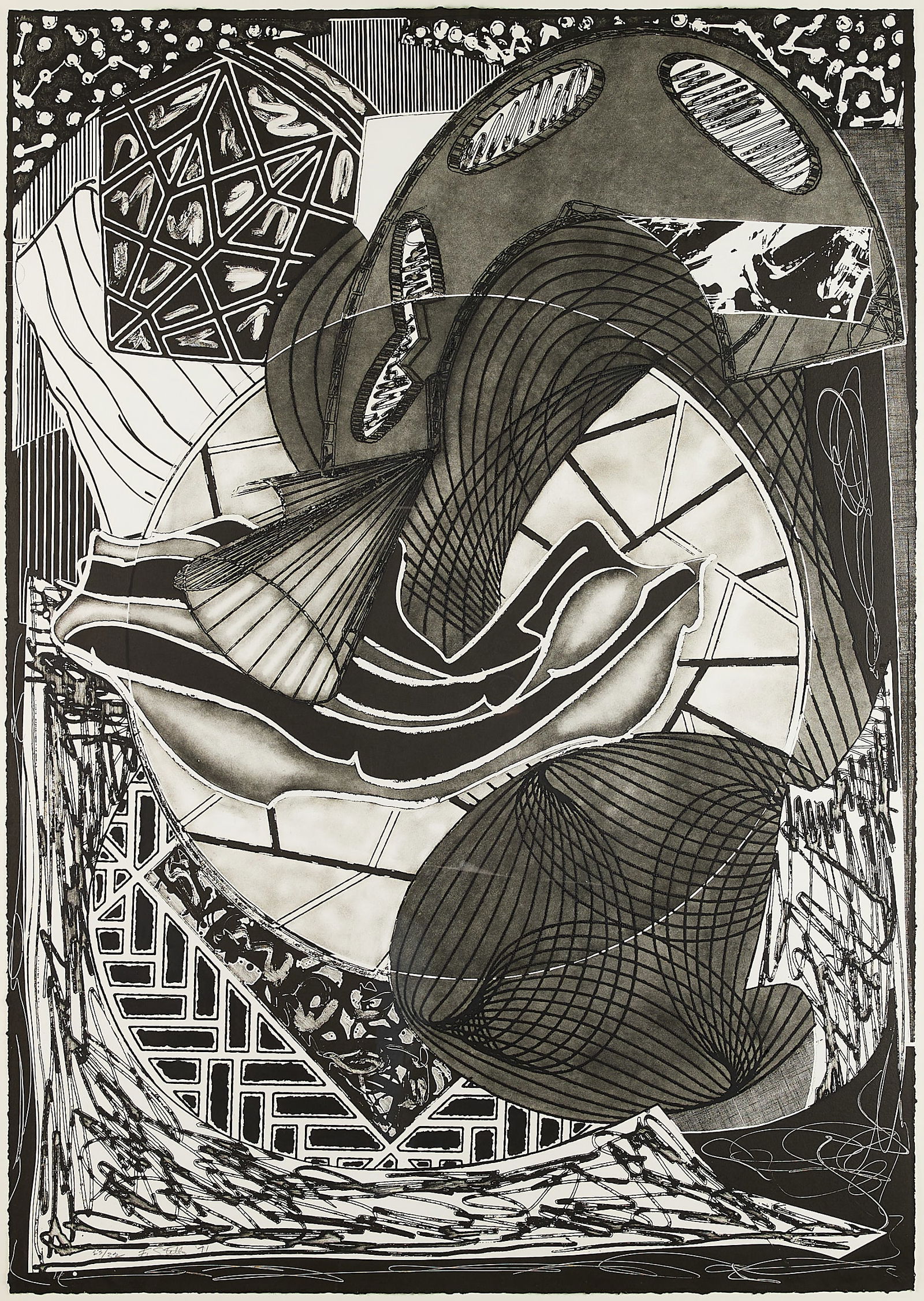 Frank Stella "The Cabin, Ahab and Starbuck" Print: Frank Stella (American, 1936-2024). Monumental etching, aquatint, and engraving print on paper titled "The Cabin, Ahab, and Starbuck," from the "Moby Dick Engravings," 1991. Pencil
