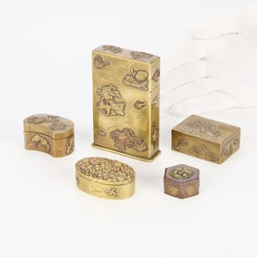 5 Japanese Brass & Mixed Metal Boxes