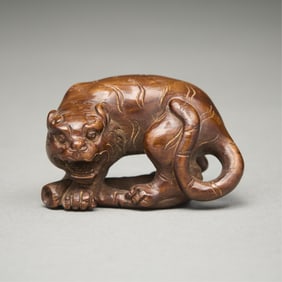 Antique Tiger on Bamboo Carved Netsuke - Signed