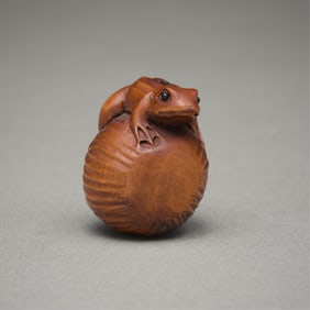 Carved Frog on Lotus Pod Ojime - Signed