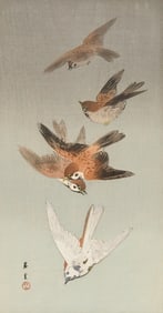 Ohara Koson Sparrows in Flight Woodblock